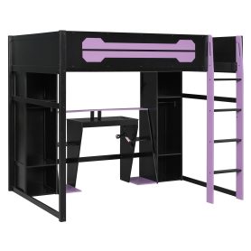 Full-Size Wooden Gaming Loft Bed with Desk and Storage, RGB LED Light, USB Charging Station