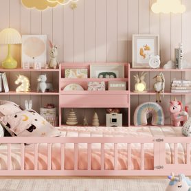 Full Size Floor Fence Bed Frame with Bookcase and 3-Tier Storage Shelves