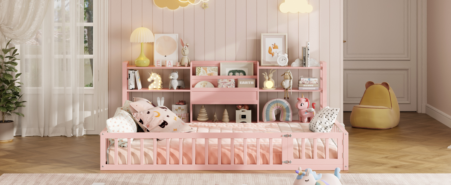 Full Size Floor Fence Bed Frame with Bookcase and 3-Tier Storage Shelves