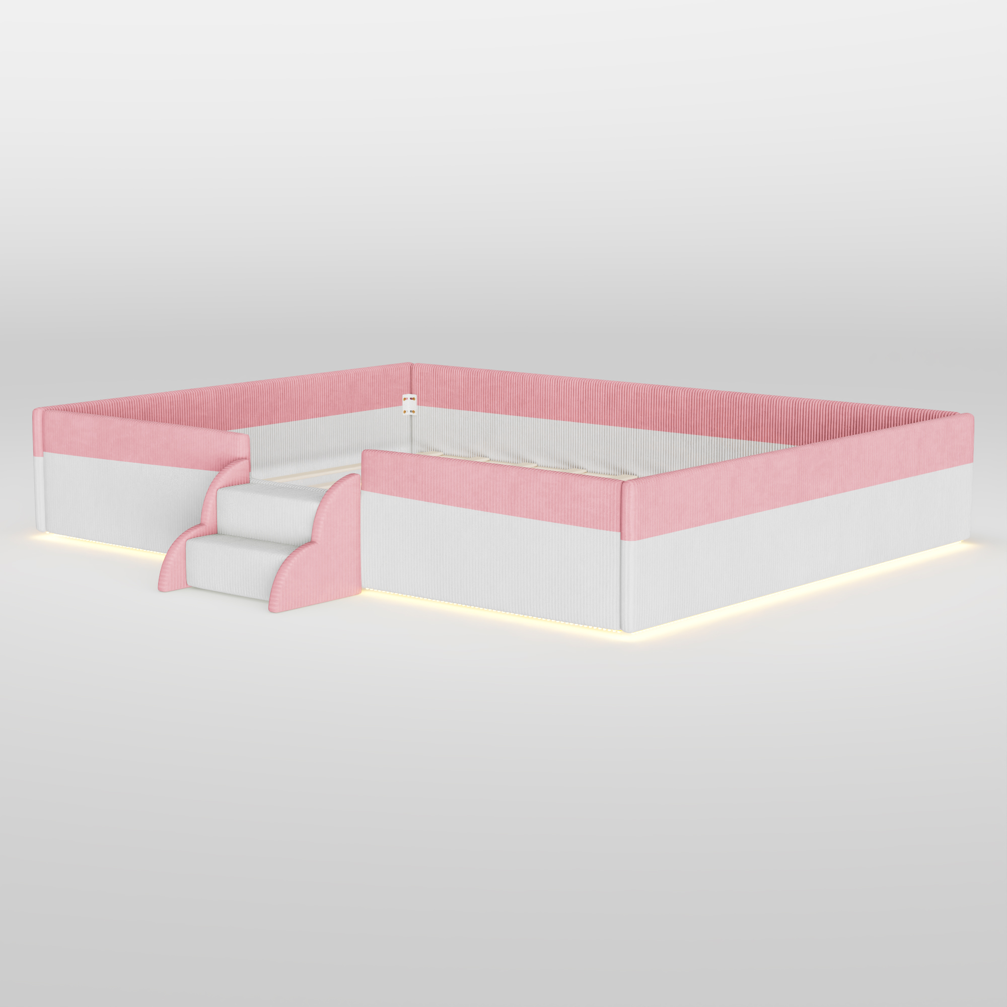 Queen Size Upholstered Floor Bed with Fence, 2-Tier Steps and Smart LED Lights