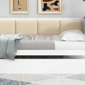 Full Size Wood Daybed with Storage Shelves, Upholstered Backrest, USB and Trundle