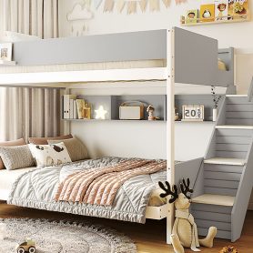 Twin over Full Bunk Bed with Striped-Design Staircase and Side Shelves