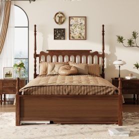 Queen Size Platform Bed Frame with Twin XL Trundle and 2 Storage Drawers
