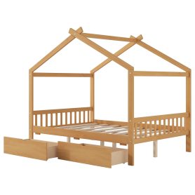 Full Size House Platform Bed with Two Drawers, Headboard and Footboard