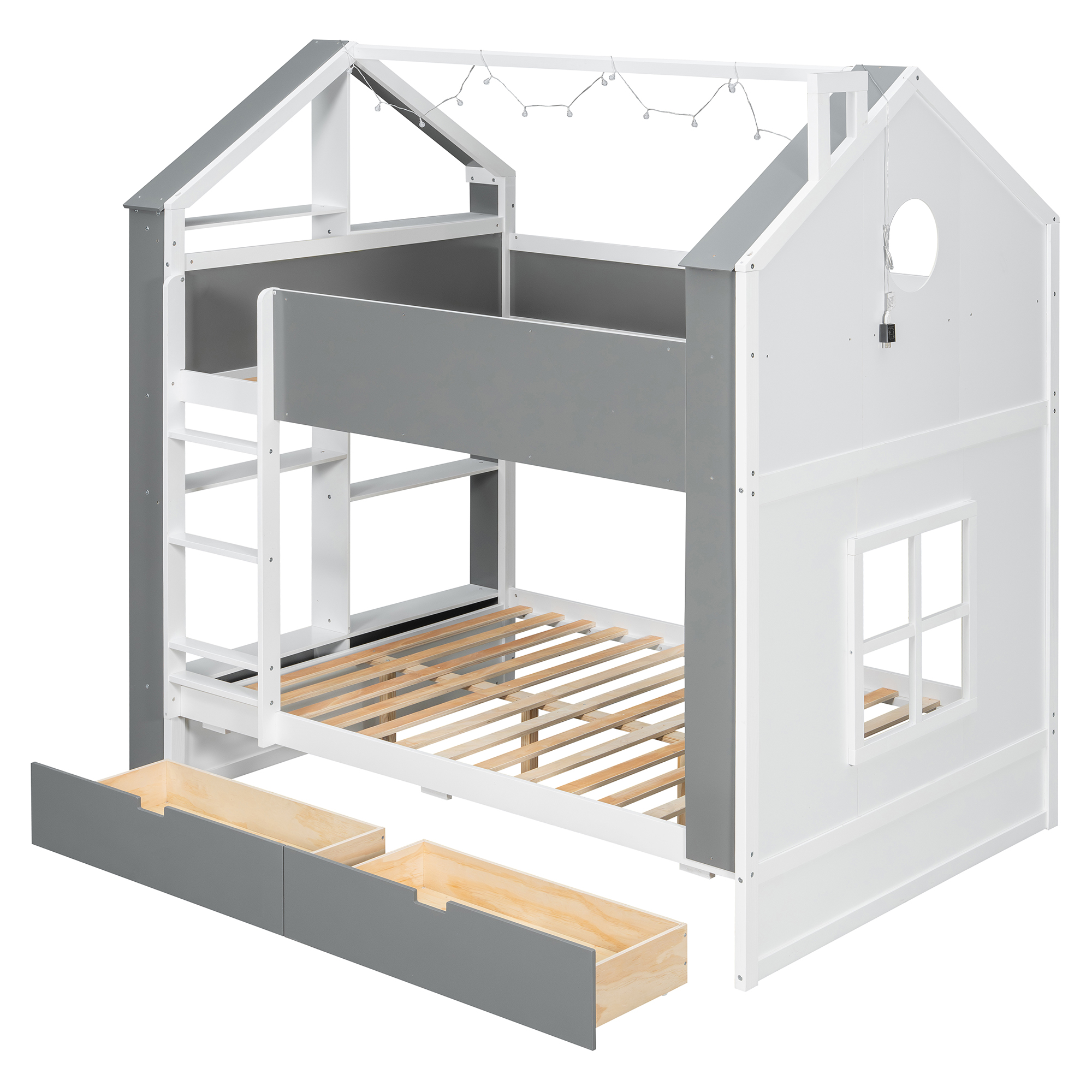 Full Size Bunk Bed with Storage Drawers, Shelves and Light Strip