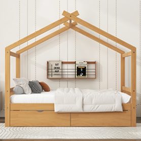 Full Size House Platform Bed with Two Drawers, Headboard and Footboard