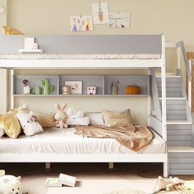 Full XL over Queen Bunk Bed with Striped-Design Staircase and Side Shelves