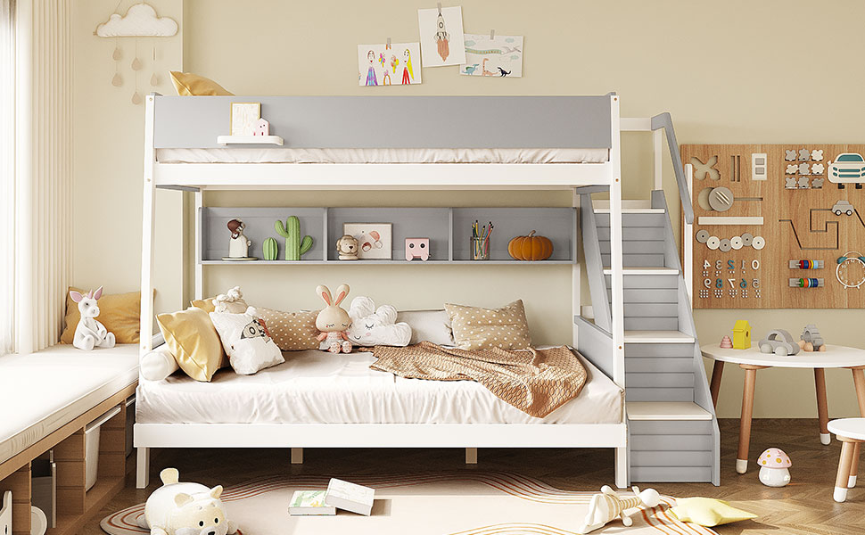 Full XL over Queen Bunk Bed with Striped-Design Staircase and Side Shelves