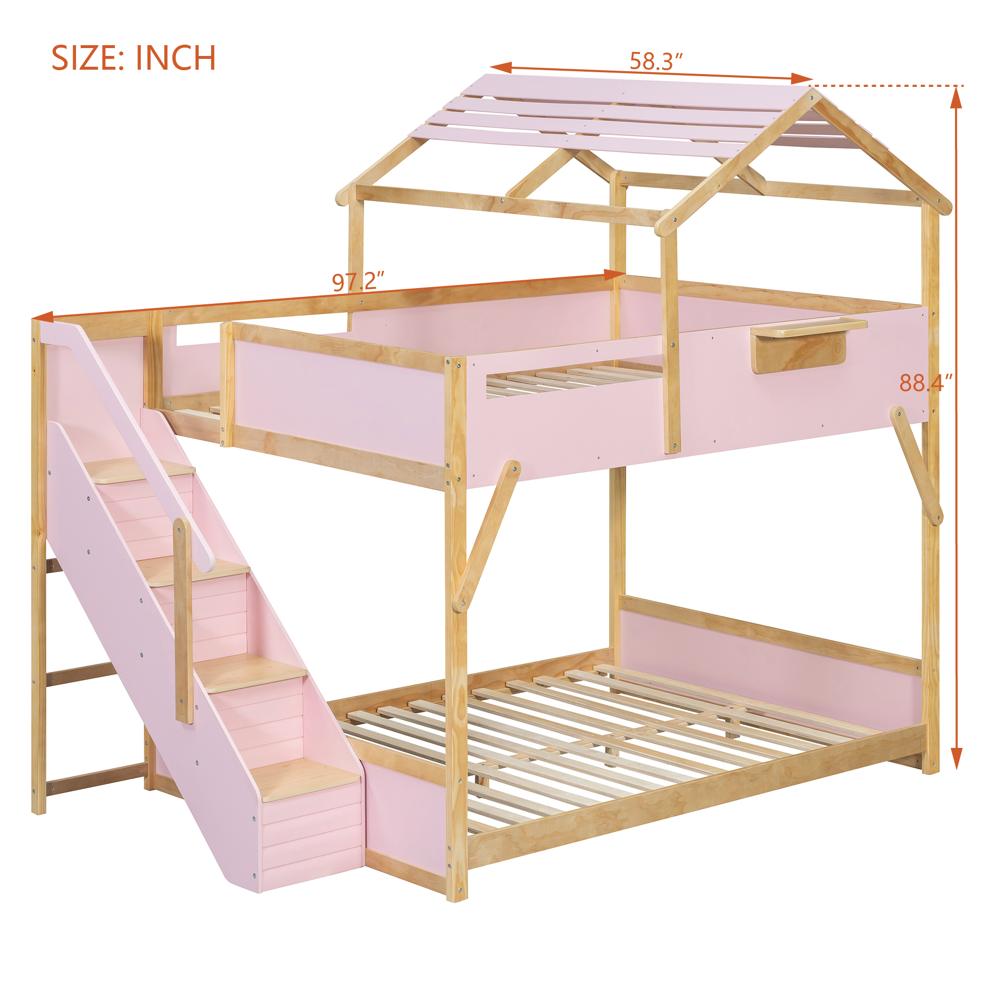 Full over Full House Bunk Bed with Stairs and 3-Color LED Lights