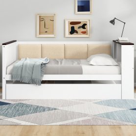 Full Size Wood Daybed with Storage Shelves, Upholstered Backrest, USB and Trundle