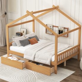 Full Size House Platform Bed with Two Drawers, Headboard and Footboard