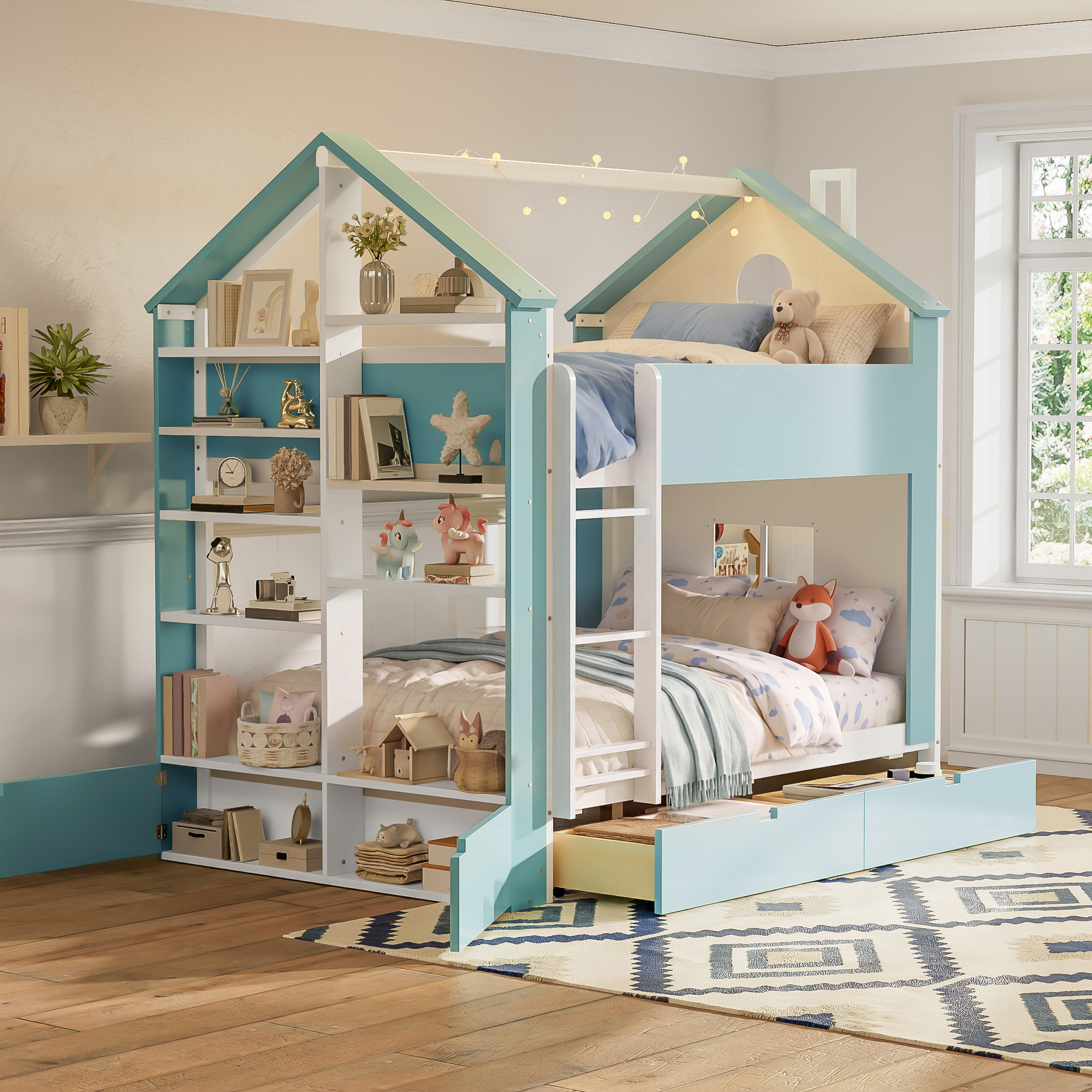 Full Size Bunk Bed with Storage Drawers, Shelves and Light Strip