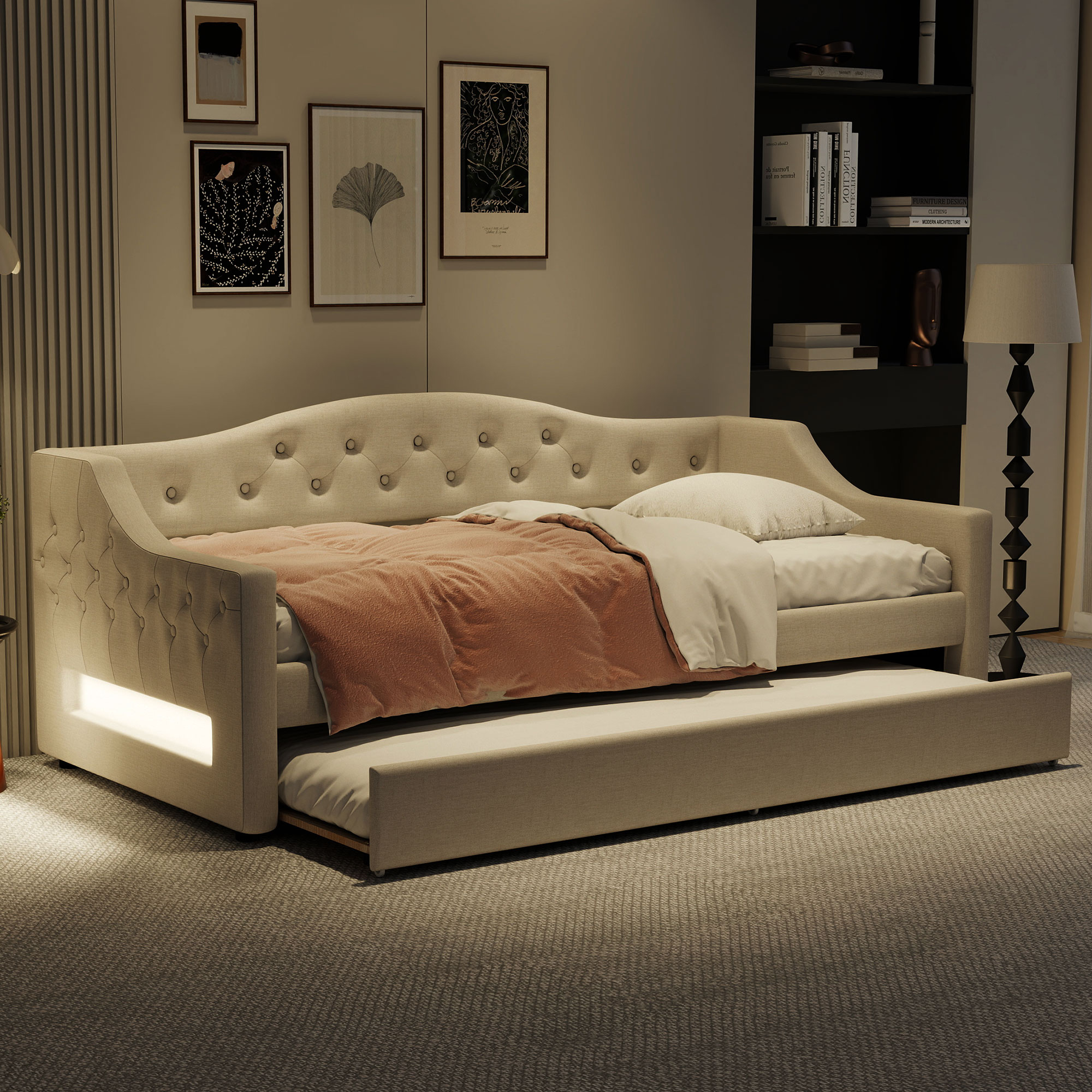 Upholstered Twin XL Size Daybed with LED Belt and Trundle