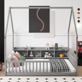 Full House Floor Bed with Storage Shelves, Built-in LED Lights & Charging Station