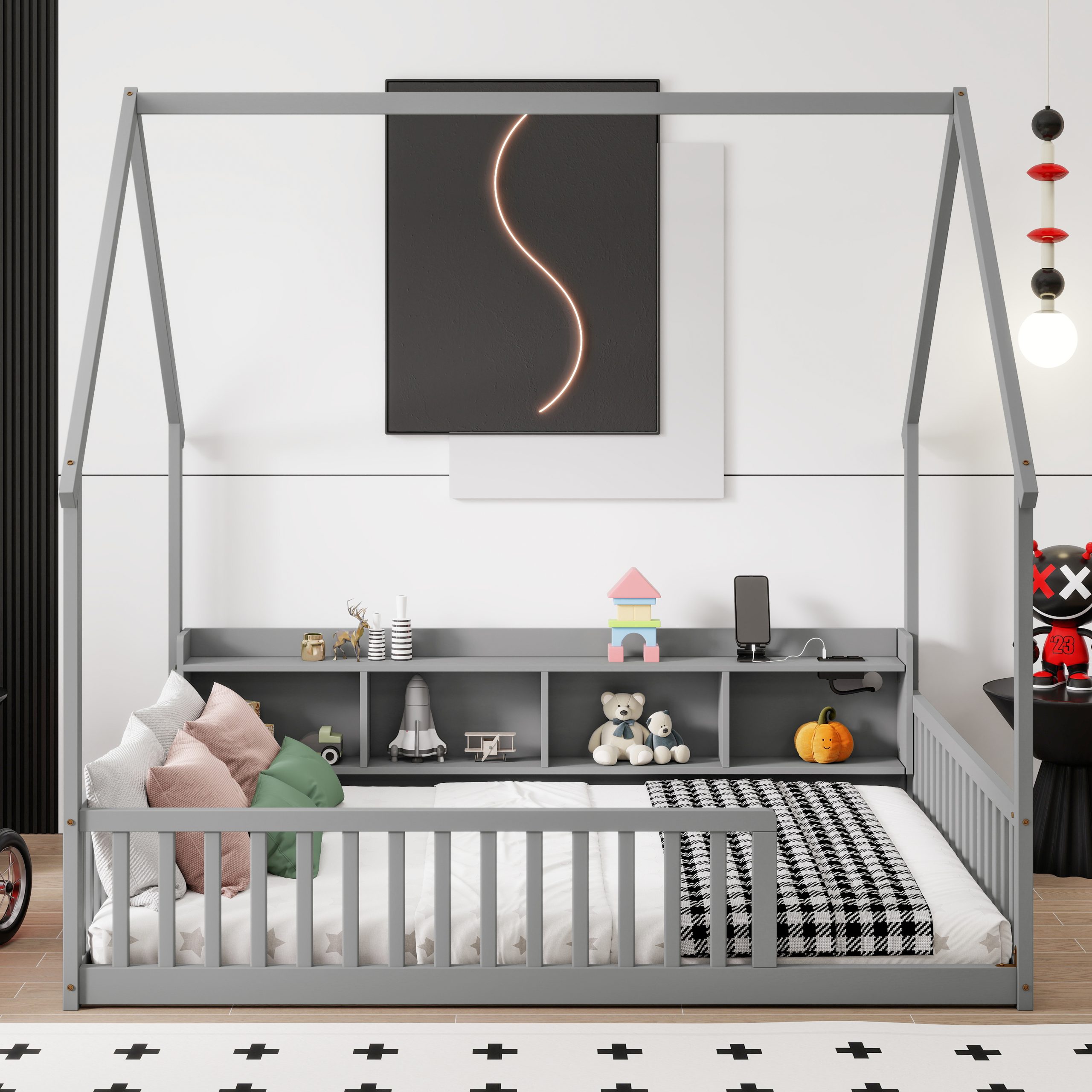 Full House Floor Bed with Storage Shelves, Built-in LED Lights & Charging Station