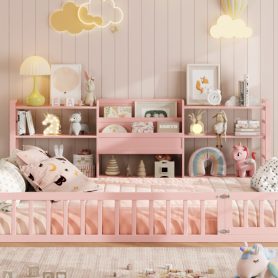 Full Size Floor Fence Bed Frame with Bookcase and 3-Tier Storage Shelves