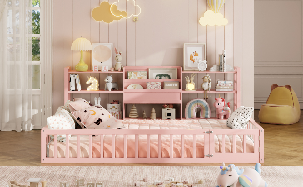 Full Size Floor Fence Bed Frame with Bookcase and 3-Tier Storage Shelves