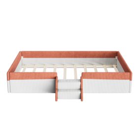 Full Size Upholstered Floor Bed with Fence, 2-Tier Steps and Smart LED Lights