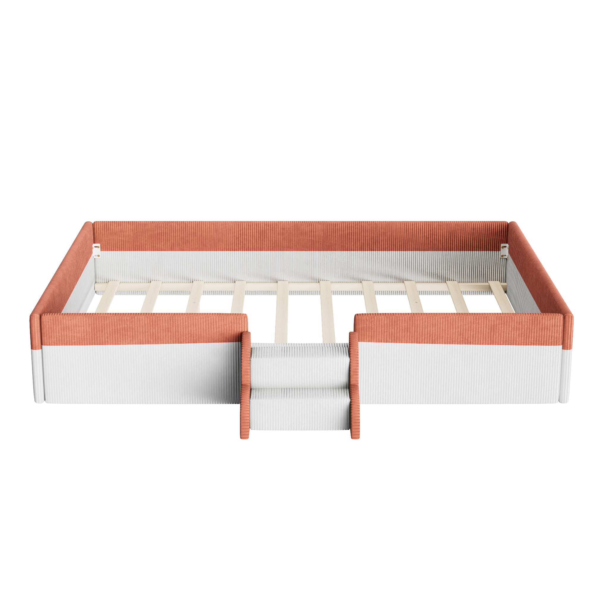 Full Size Upholstered Floor Bed with Fence, 2-Tier Steps and Smart LED Lights