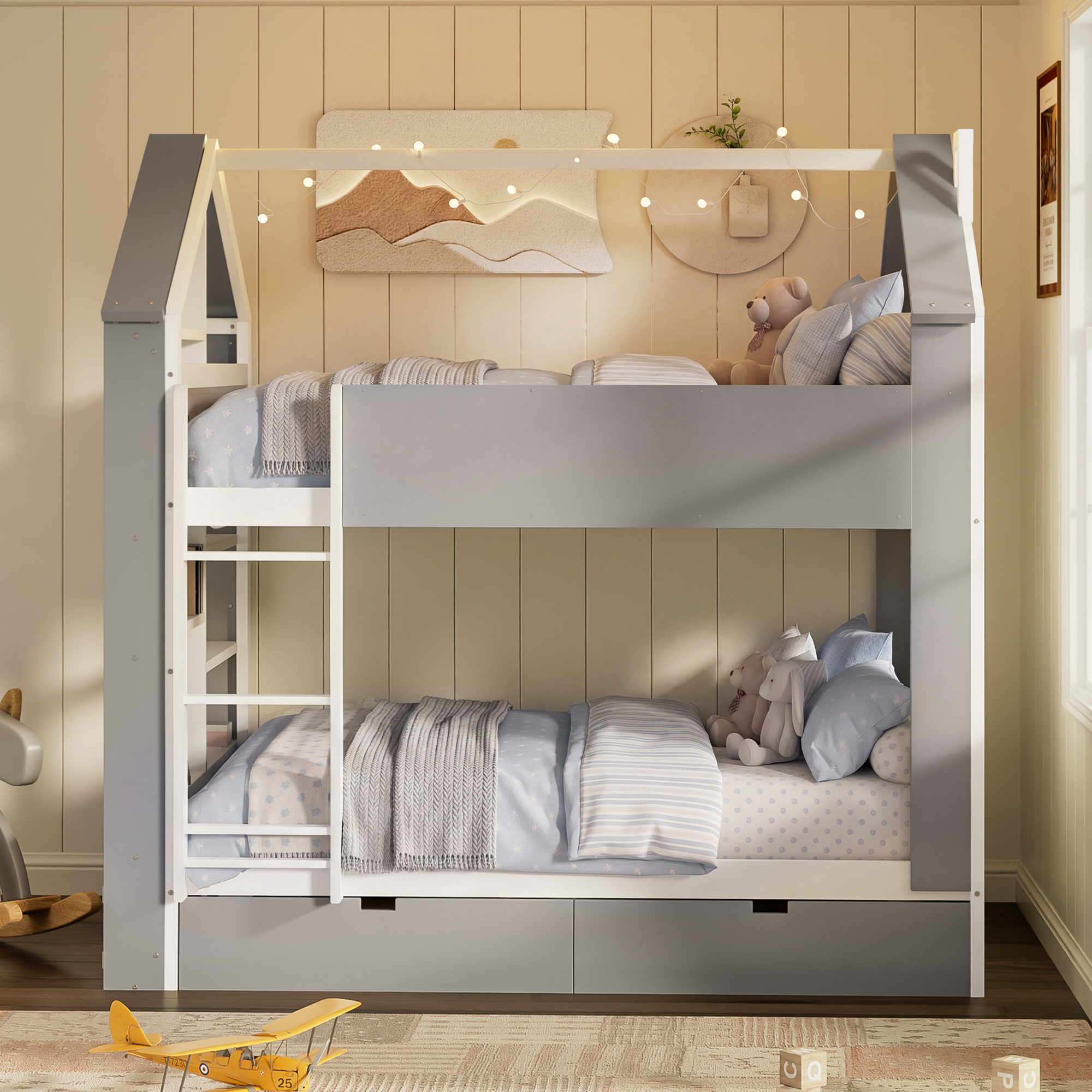Full Size Bunk Bed with Storage Drawers, Shelves and Light Strip