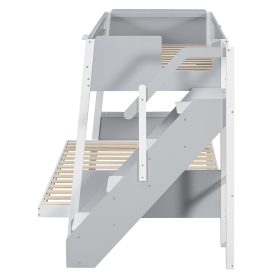 Twin over Full Bunk Bed with Striped-Design Staircase and Side Shelves