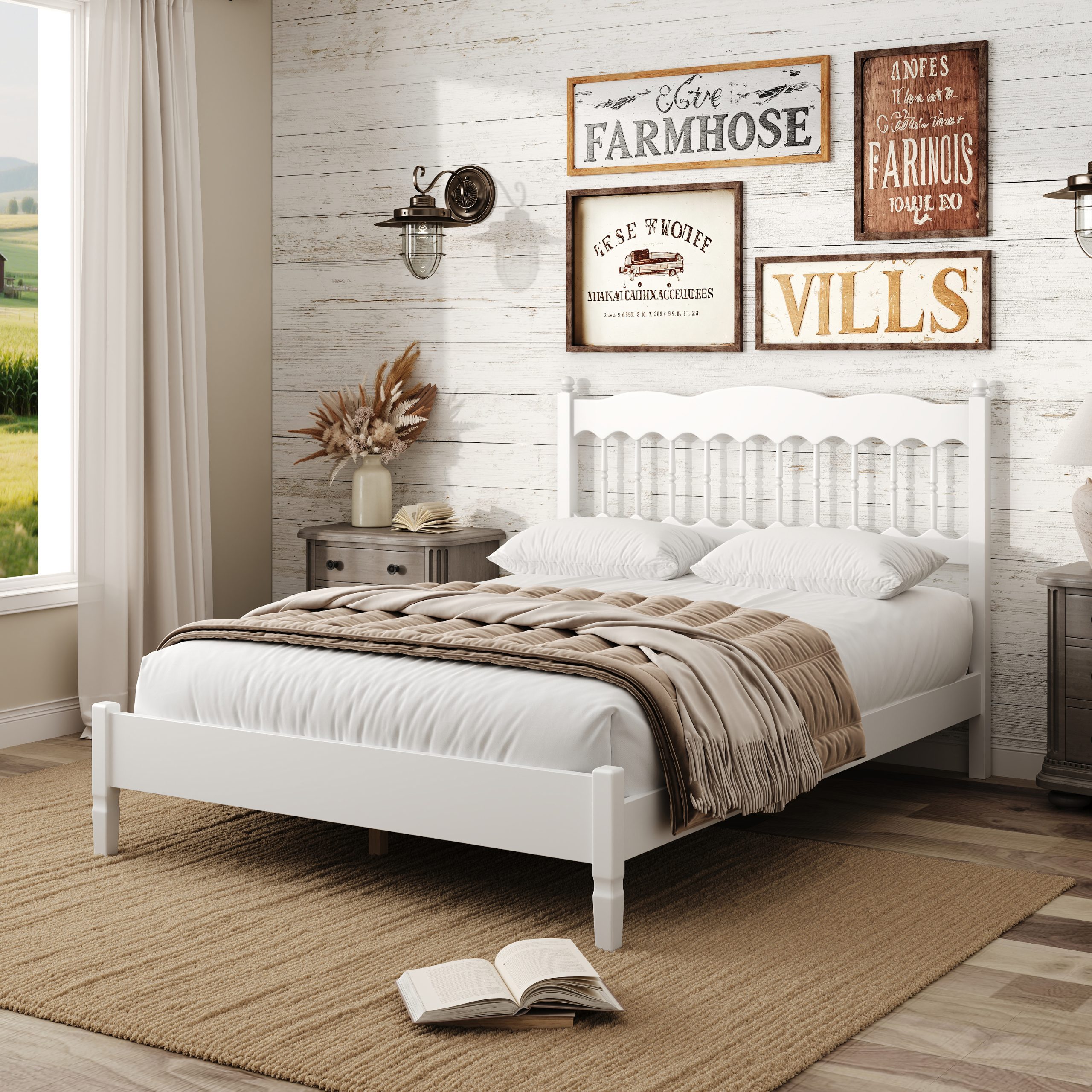 Countryside Style Full Size Wooden Bed Frame With Spindle Headboard