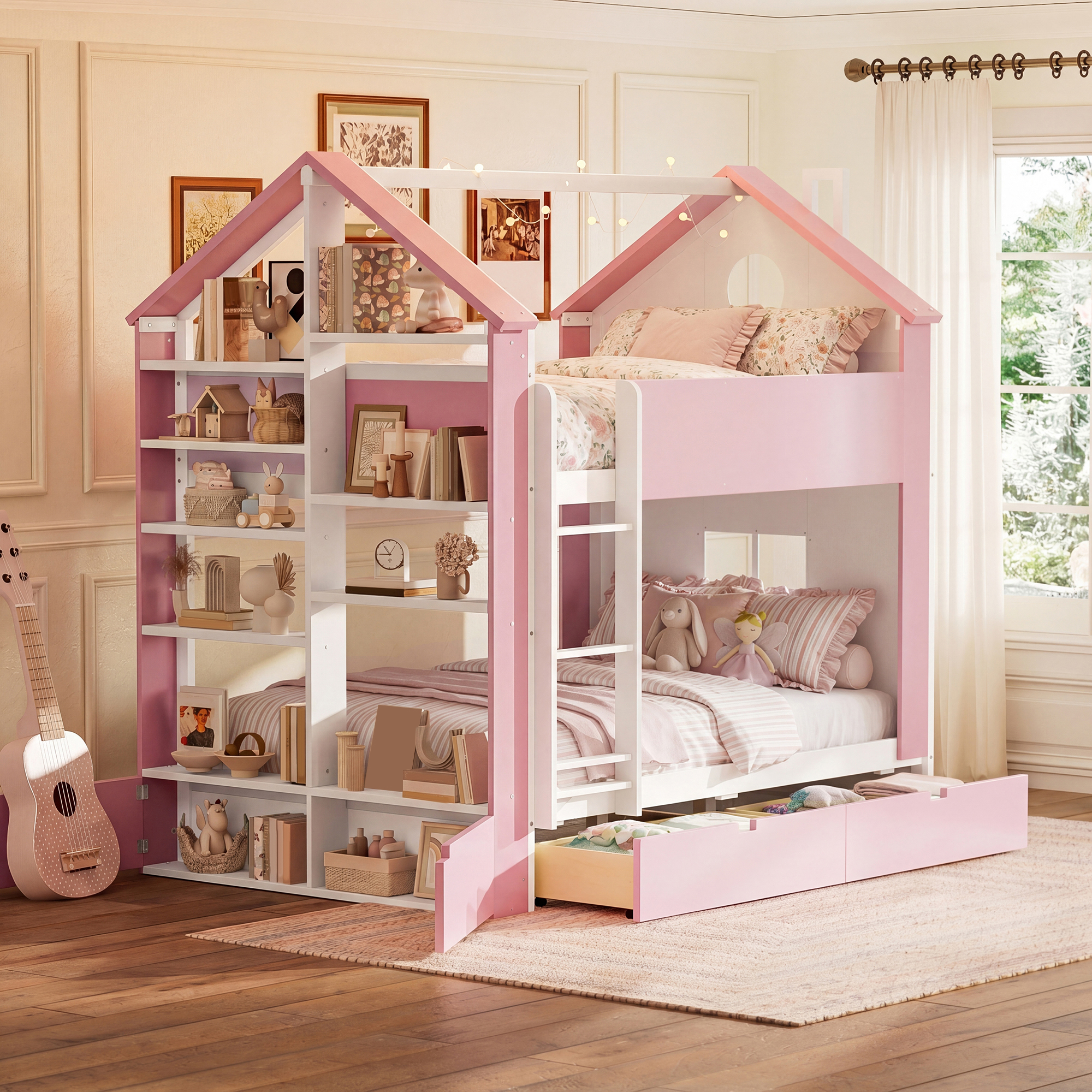 Full Size Bunk Bed with Storage Drawers, Shelves and Light Strip
