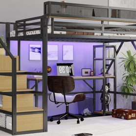 Metal Loft Bed with Stairs, Wardrobe, Charging Station, and LED Lighting