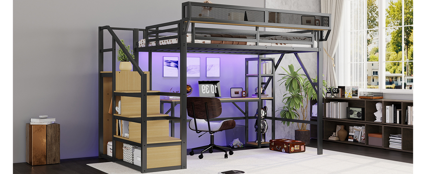 Metal Loft Bed with Stairs, Wardrobe, Charging Station, and LED Lighting