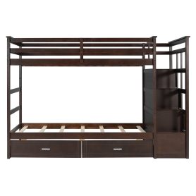 Twin Over Twin Bunk Bed with 2 Drawers and Staircase