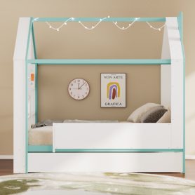 Full Size House Bed Frame with Pull-Out Trundle, Tail End Storage Shelves and Cool White LED Lights