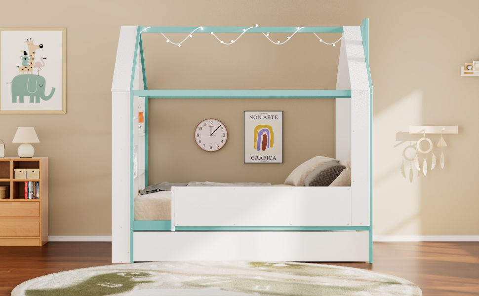 Full Size House Bed Frame with Pull-Out Trundle, Tail End Storage Shelves and Cool White LED Lights