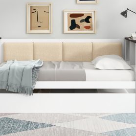 Full Size Wood Daybed with Storage Shelves, Upholstered Backrest, USB and Trundle