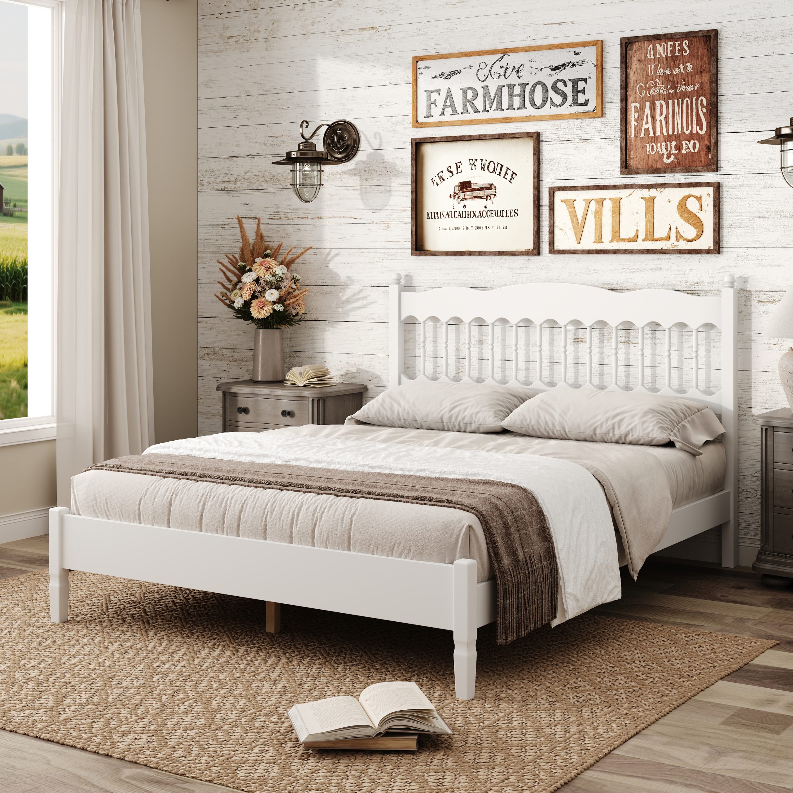 Countryside Style Queen Size Wooden Bed Frame with Spindle Headboard