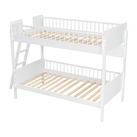 Twin Size Wooden Bunk Bed with 3 Storage Shelves, Ladder can be Changed Left or Right