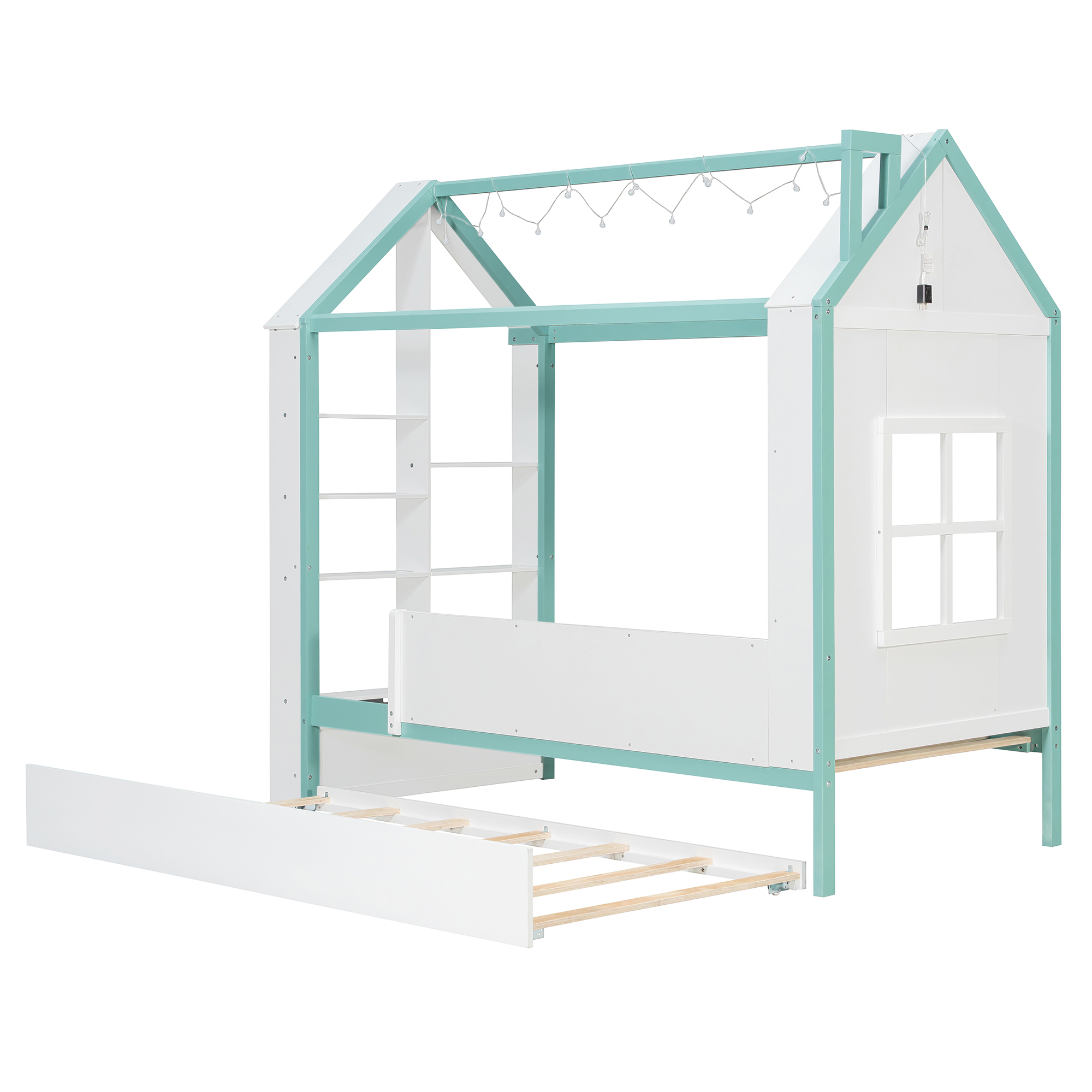 Twin Size House Bed Frame with Pull-Out Trundle, Tail End Storage Shelves and Cool White LED Lights