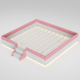 King Size Upholstered Floor Bed with Fence, 2-Tier Steps and Smart LED Lights