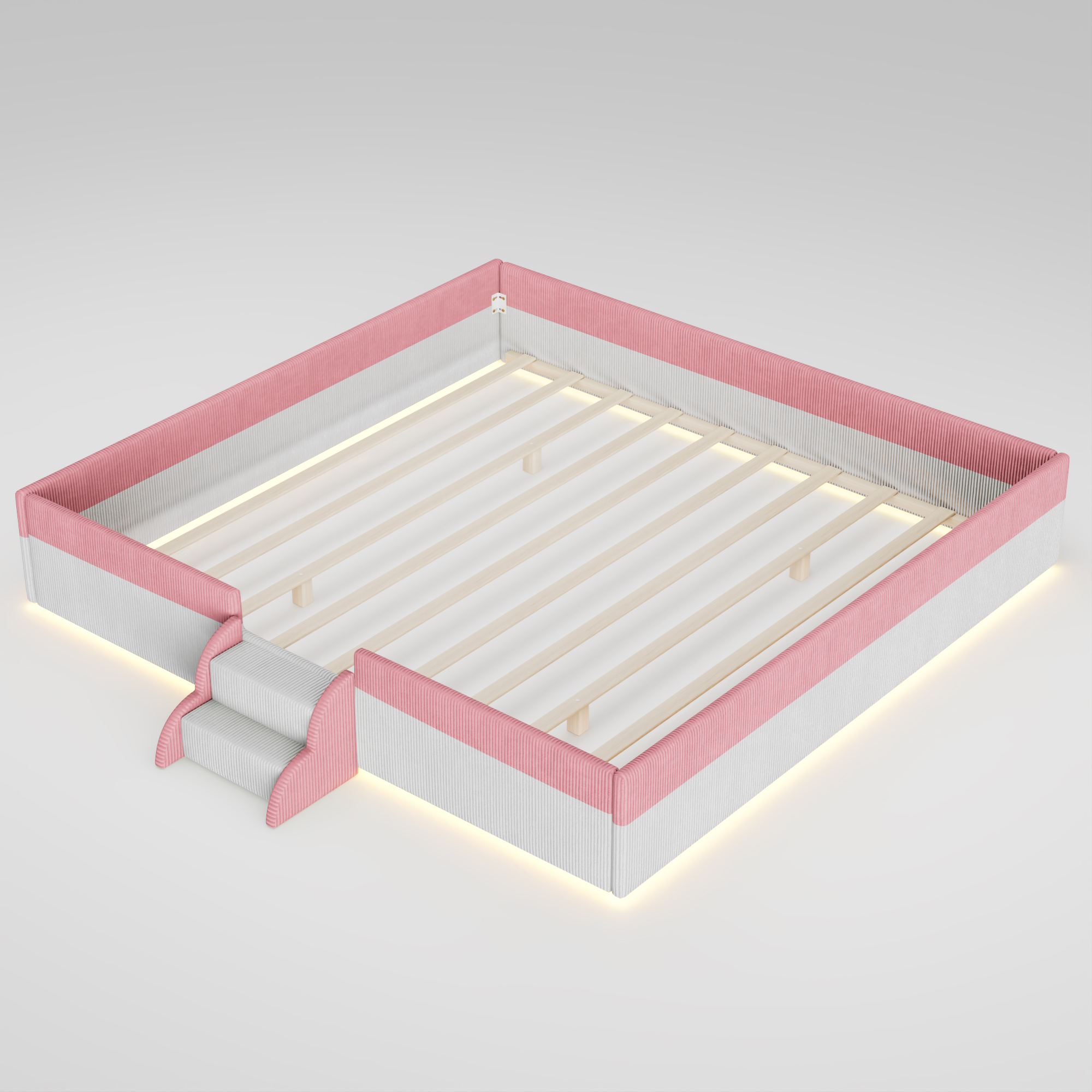 King Size Upholstered Floor Bed with Fence, 2-Tier Steps and Smart LED Lights