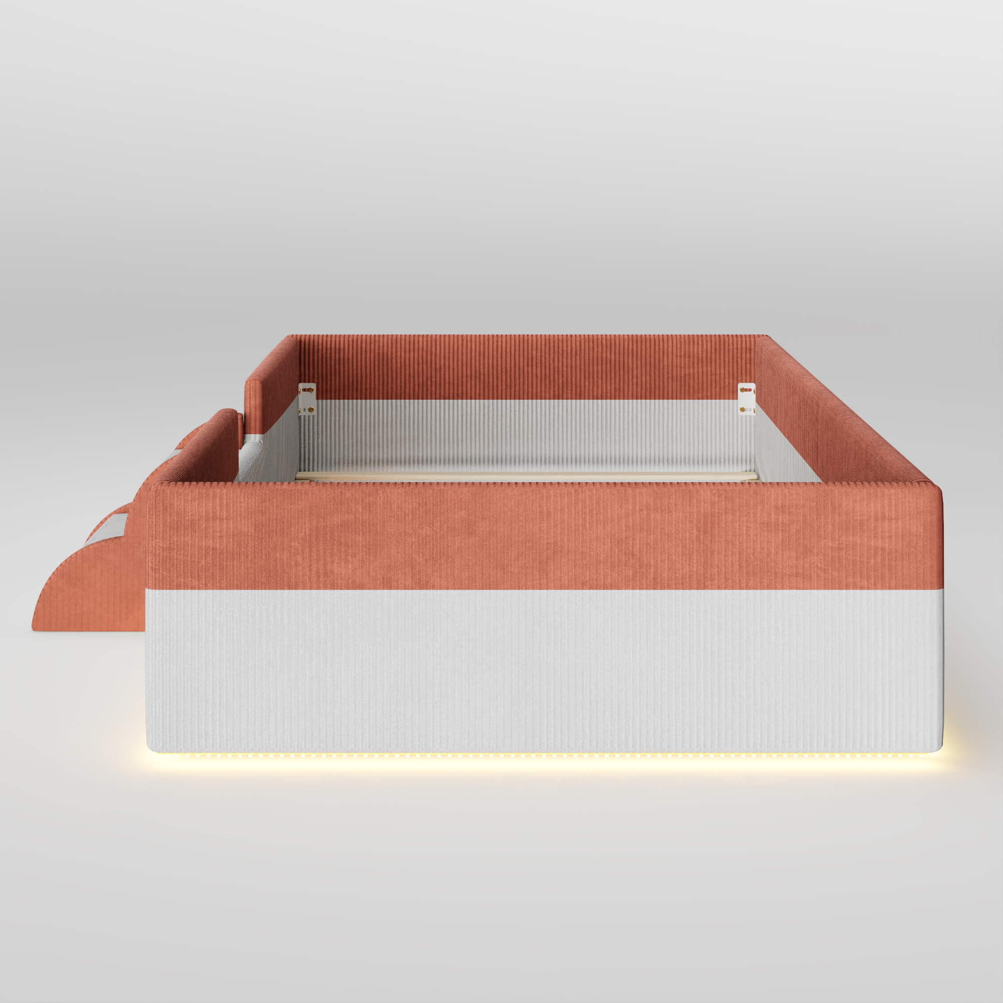Twin Size Upholstered Floor Bed with Fence, 2-Tier Steps and Smart LED Lights