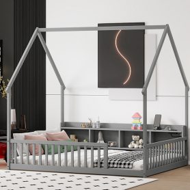 Full House Floor Bed with Storage Shelves, Built-in LED Lights & Charging Station