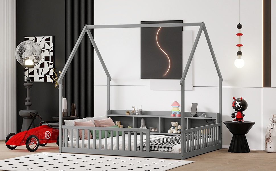 Full House Floor Bed with Storage Shelves, Built-in LED Lights & Charging Station