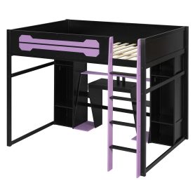 Full-Size Wooden Gaming Loft Bed with Desk and Storage, RGB LED Light, USB Charging Station
