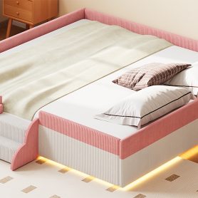 King Size Upholstered Floor Bed with Fence, 2-Tier Steps and Smart LED Lights