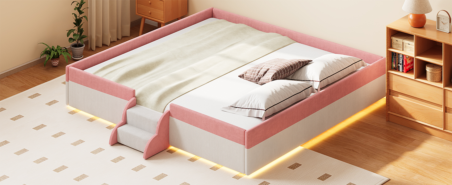 King Size Upholstered Floor Bed with Fence, 2-Tier Steps and Smart LED Lights
