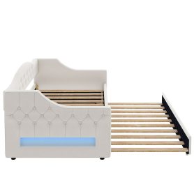 Upholstered Twin XL Size Daybed with LED Belt and Trundle