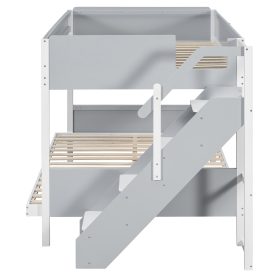 Full XL over Queen Bunk Bed with Striped-Design Staircase and Side Shelves