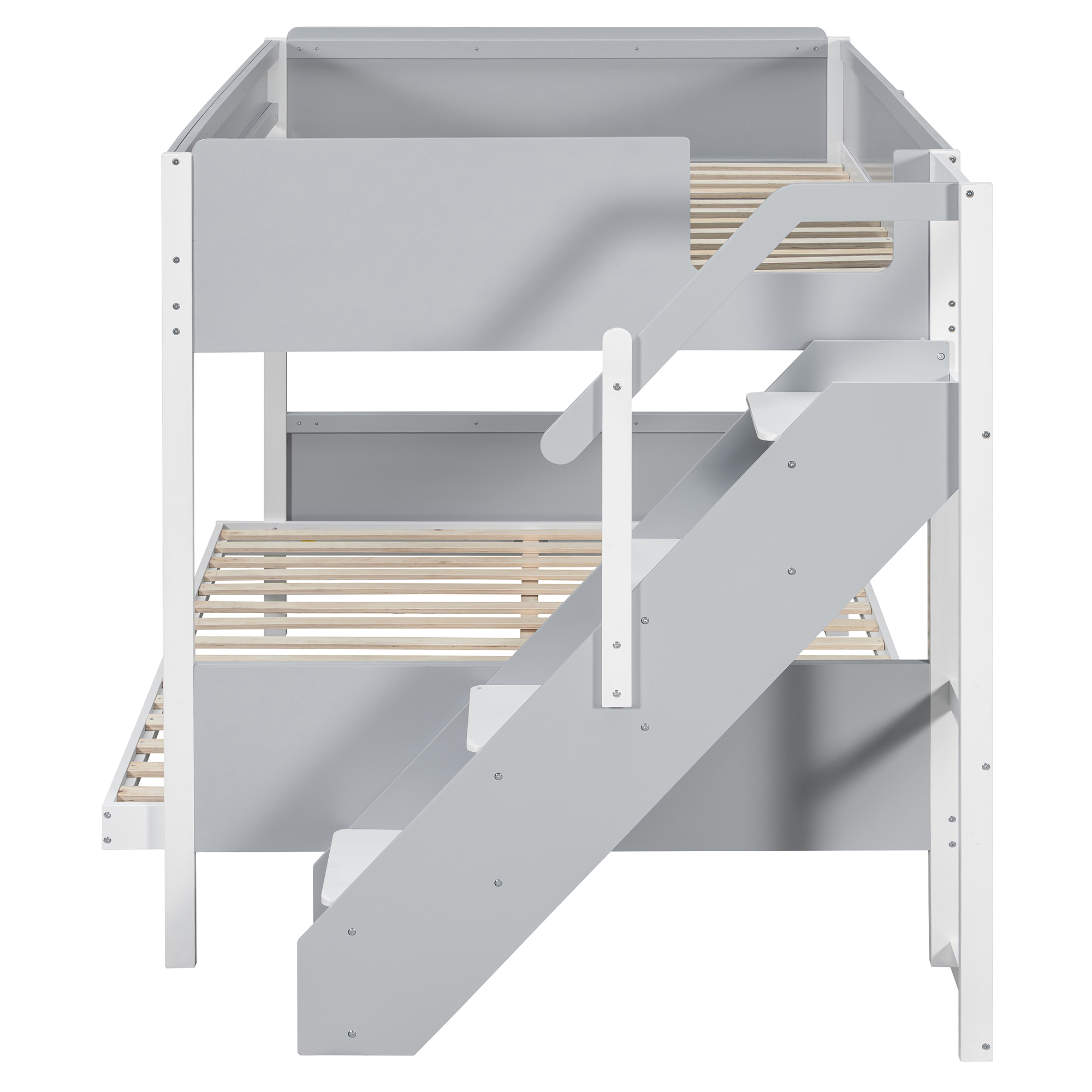 Full XL over Queen Bunk Bed with Striped-Design Staircase and Side Shelves