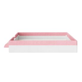 King Size Upholstered Floor Bed with Fence, 2-Tier Steps and Smart LED Lights