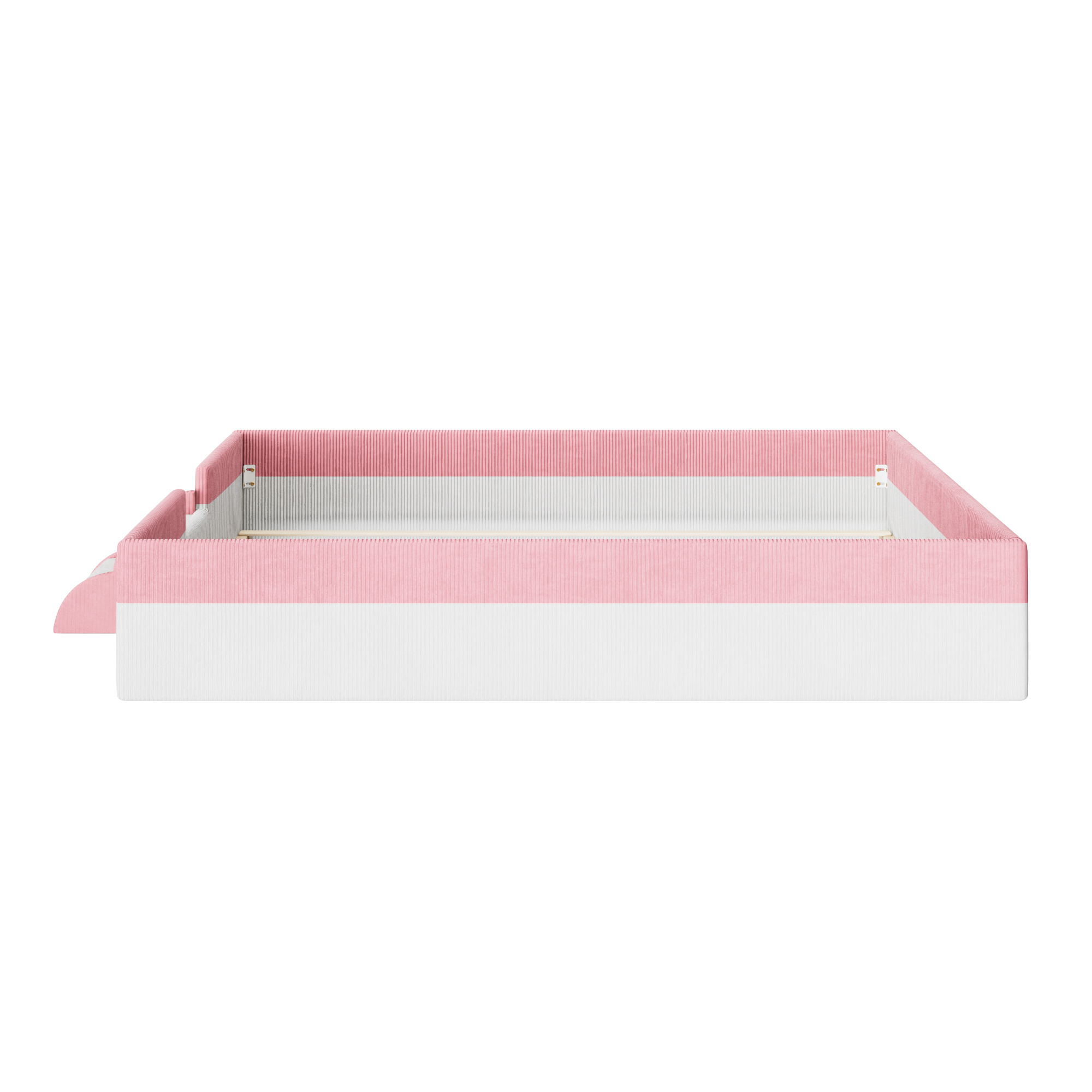 King Size Upholstered Floor Bed with Fence, 2-Tier Steps and Smart LED Lights