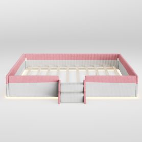 King Size Upholstered Floor Bed with Fence, 2-Tier Steps and Smart LED Lights